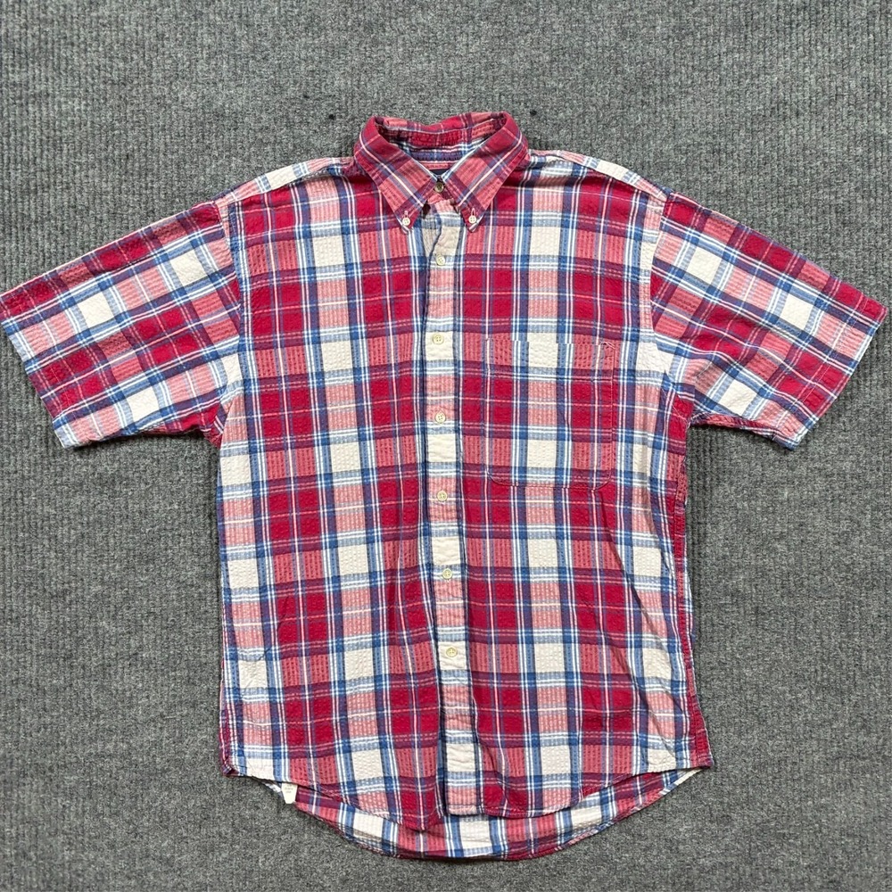 Vintage Lands End Plaid Shirt Mens Medium Seersucker Cotton USA Red Blue